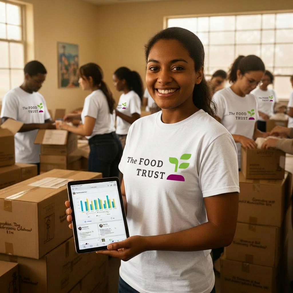 Nonprofit volunteer holding a tablet with social analytics